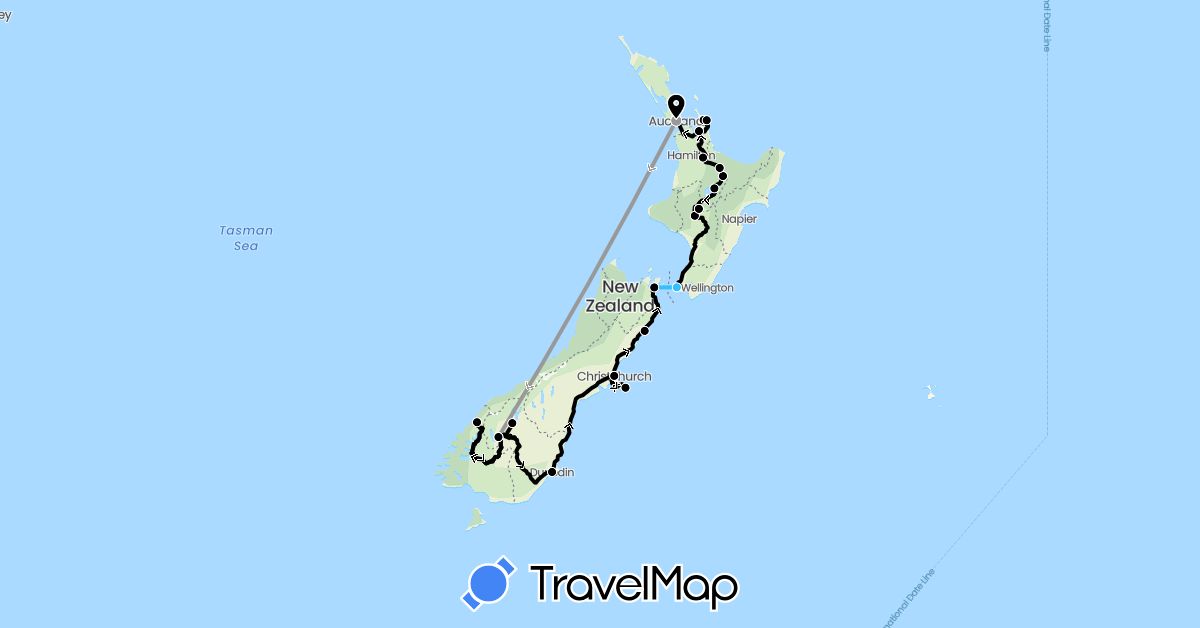 TravelMap itinerary: driving, plane, boat, voiture in New Zealand (Oceania)